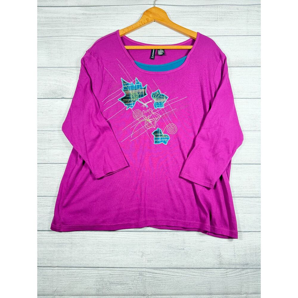 Jason Maxwell Woman 2X Purple Plaid Leaf Applique 3/4 Sleeve Top 4202